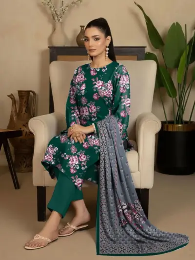 Women Green Printed 3-Piece Dobby Lawn Unstitched Suit Set