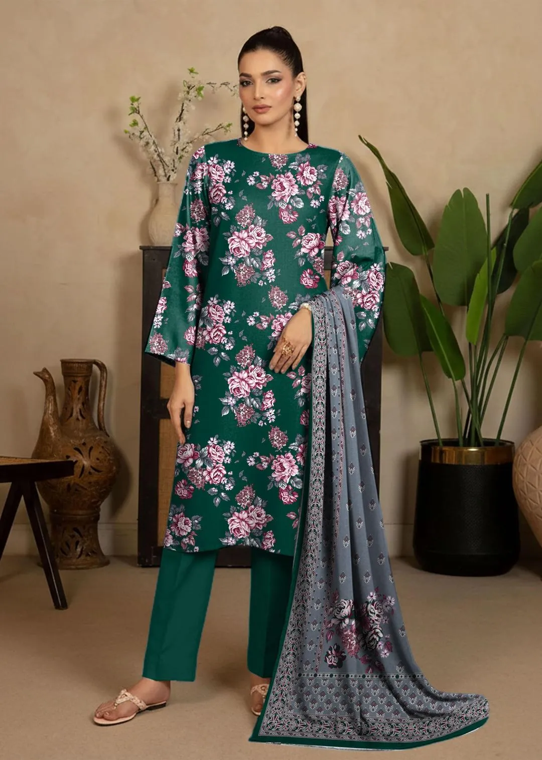 Women Green Printed 3-Piece Dobby Lawn Unstitched Suit Set