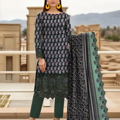 Women Unstitched Green Purple Paisley Lawn 3-Piece Printed Suit Set