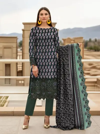 Women Unstitched Green Purple Paisley Lawn 3-Piece Printed Suit Set