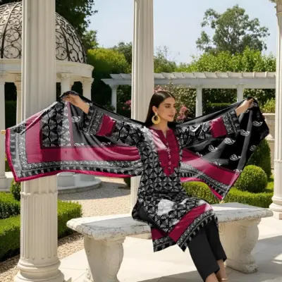 Women Black Printed Dobby Lawn 3 Pcs Unstitched Suit Set
