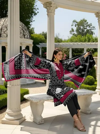 Women Black Printed Dobby Lawn 3 Pcs Unstitched Suit Set