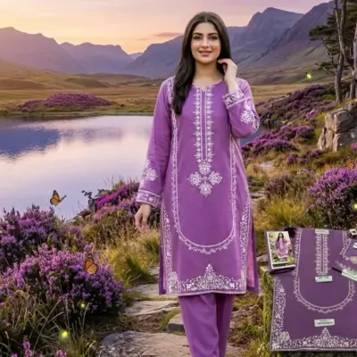 Women’s Unstitched Purple Embroidered Lawn 2 Pcs Suit