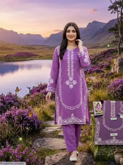 Women’s Unstitched Purple Embroidered Lawn 2 Pcs Suit