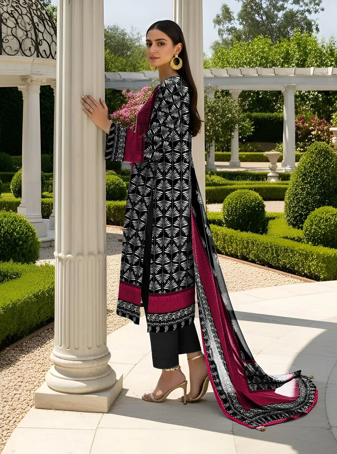 Women Black Printed Dobby Lawn 3 Pcs Unstitched Suit Set