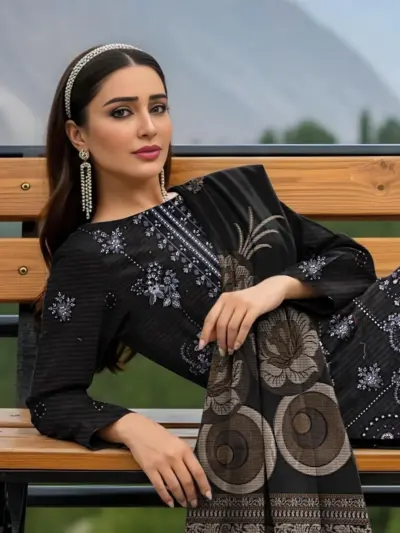 Women Black Embroidered Dobby Lawn 3-Piece Unstitched Suit with Jacquard Dupatta