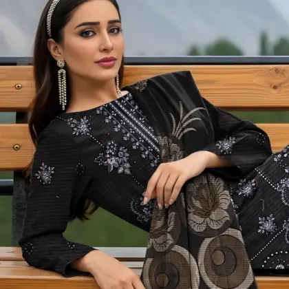 Women Black Embroidered Dobby Lawn 3-Piece Unstitched Suit with Jacquard Dupatta