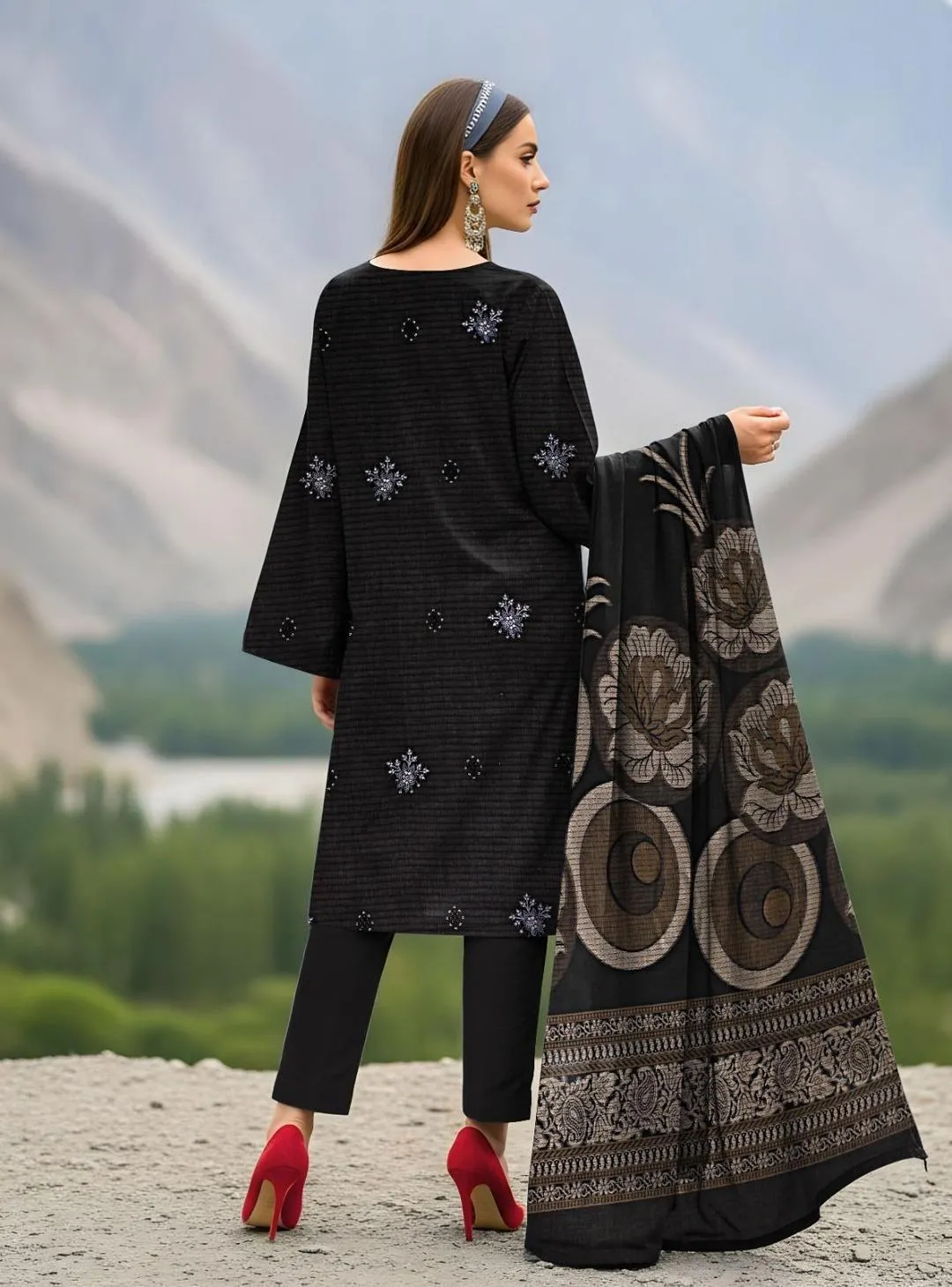 Women Black Embroidered Dobby Lawn 3-Piece Unstitched Suit with Jacquard Dupatta