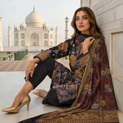 Women’s Black Floral Lawn 3-Piece Unstitched Eid Party Wear Suit
