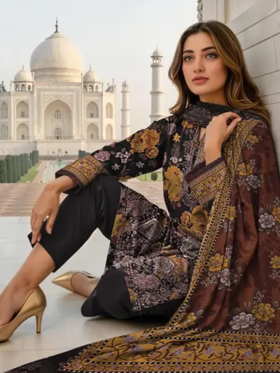 Women’s Black Floral Lawn 3-Piece Unstitched Eid Party Wear Suit