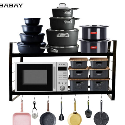 Wall Mounted Metal Kitchen Organizer Rack with Hooks Two Tier Storage Black