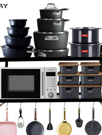 Wall Mounted Metal Kitchen Organizer Rack with Hooks Two Tier Storage Black