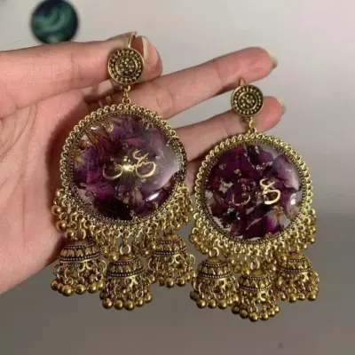 Fancy Antique Gold Earrings for Women Alloy Antique Plated with Artificial Stones 2 Pcs