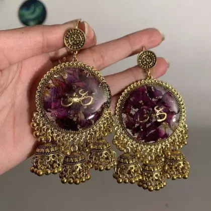 Fancy Antique Gold Earrings for Women Alloy Antique Plated with Artificial Stones 2 Pcs