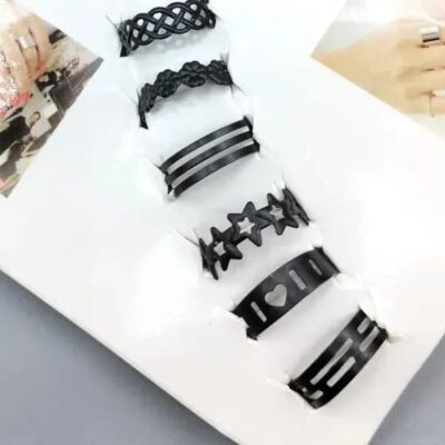 10-Piece Adjustable Black Ring Set for Women Steel Silver Plated
