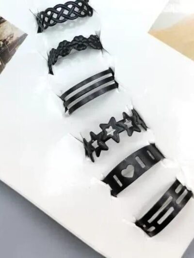 10-Piece Adjustable Black Ring Set for Women Steel Silver Plated