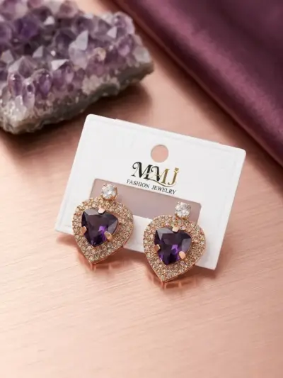 Heart Design Gold Plated Crystal Earrings for Women – Alloy Material, Golden Color, 2 Pcs