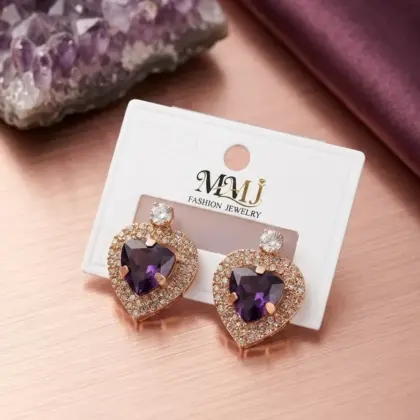 Heart Design Gold Plated Crystal Earrings for Women – Alloy Material, Golden Color, 2 Pcs