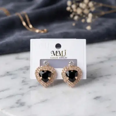 Heart Design Gold Plated Crystal Earrings for Women – Alloy Material, Golden Color, 2 Pcs