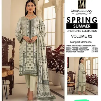 Unstitched Lawn Suit Spring Summer 3 Piece Digital Printed Dress for Women