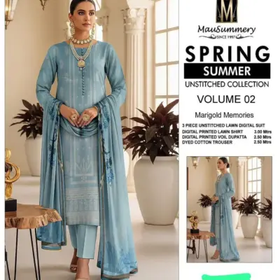 Blue Printed Lawn 3-Piece Unstitched Suit for Women Spring Summer Collection