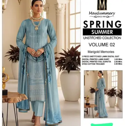 Blue Printed Lawn 3-Piece Unstitched Suit for Women Spring Summer Collection