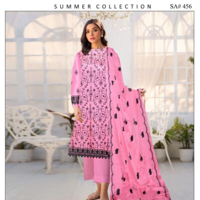 3-Piece Embroidered Lawn Suit for Women Pink with Black Embroidery Summer Wear