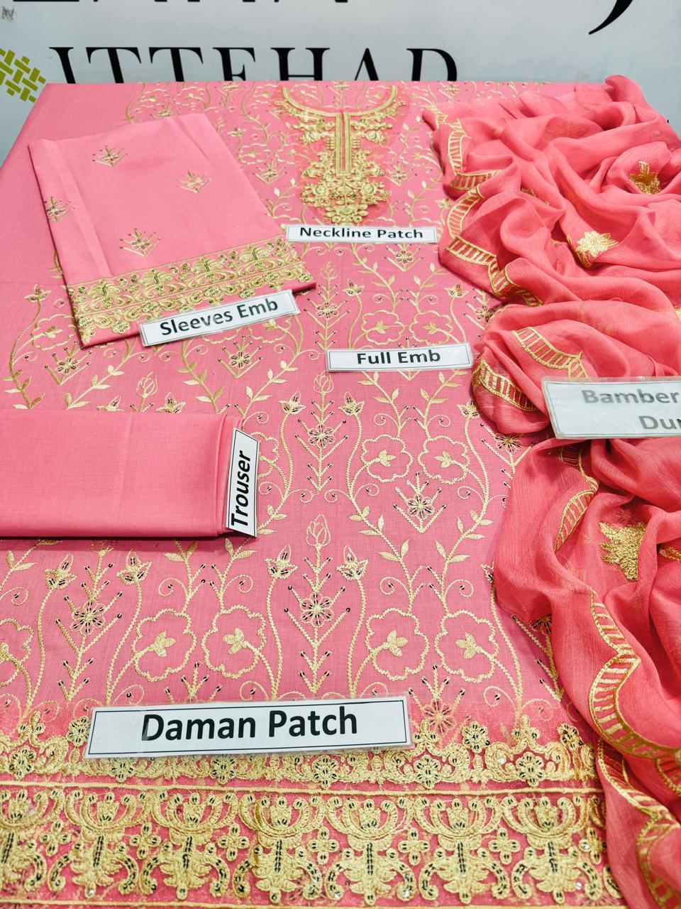 3-Piece Embroidered Lawn Suit for Women Pink with Black Embroidery Summer Wear