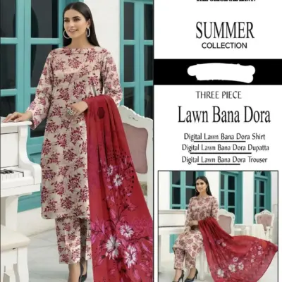3-Piece Digital Print Lawn Suit Red Floral Eid Summer Wear for Women