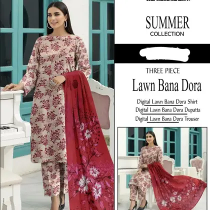 3-Piece Digital Print Lawn Suit Red Floral Eid Summer Wear for Women