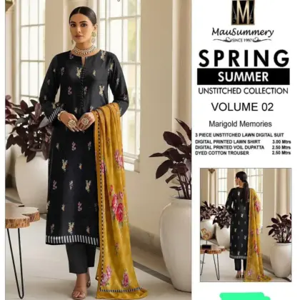 Unstitched 3-Piece Printed Lawn Suit Black Floral Eid Party Wear for Women