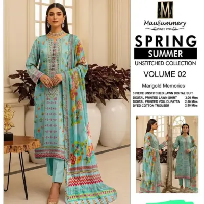 Unstitched 3-Piece Green Printed Lawn Suit Summer Wear for Women Pakistan