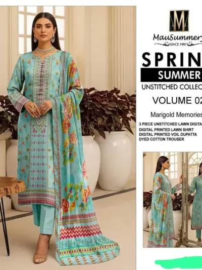 Unstitched 3-Piece Green Printed Lawn Suit Summer Wear for Women Pakistan