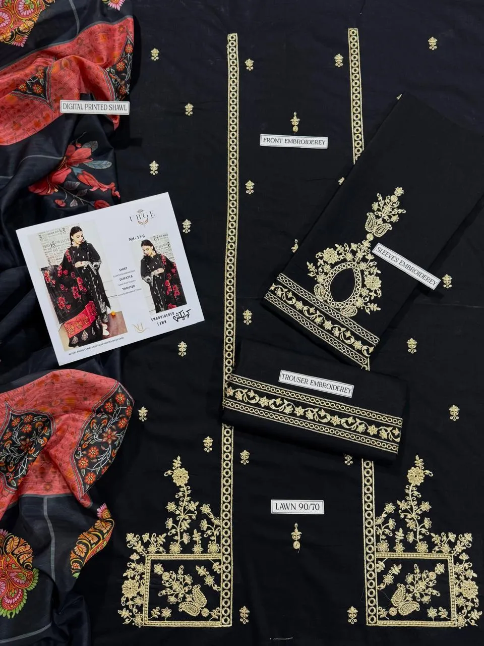Black Embroidered Lawn 3-Piece Suit Set for Women with Diamond Dupatta