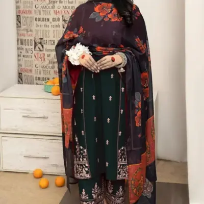 Black Embroidered Lawn 3-Piece Suit Set for Women with Diamond Dupatta