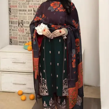 Black Embroidered Lawn 3-Piece Suit Set for Women with Diamond Dupatta