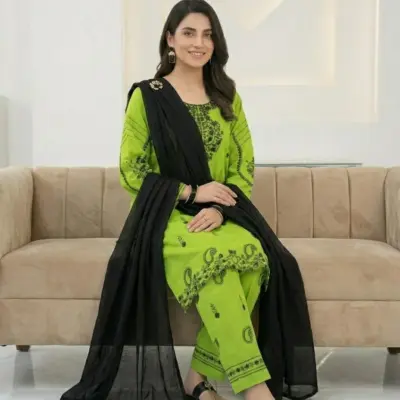Green Embroidered 3-Piece Cotton Lawn Suit with Plain Chiffon Dupatta for Women
