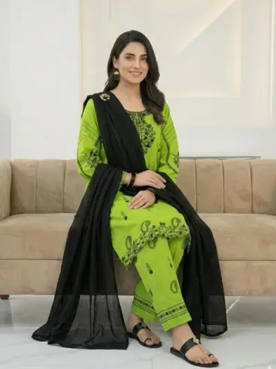Green Embroidered 3-Piece Cotton Lawn Suit with Plain Chiffon Dupatta for Women