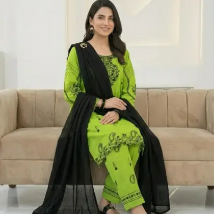Green Embroidered 3-Piece Cotton Lawn Suit with Plain Chiffon Dupatta for Women