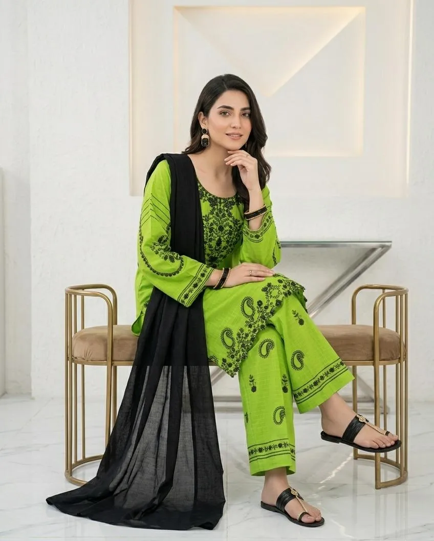 Green Embroidered 3-Piece Cotton Lawn Suit with Plain Chiffon Dupatta for Women