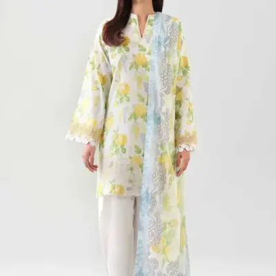 3 Pcs Printed Dobby Lawn Suit for Women with Printed Lawn Dupatta – Off White