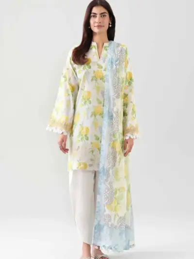 3 Pcs Printed Dobby Lawn Suit for Women with Printed Lawn Dupatta – Off White
