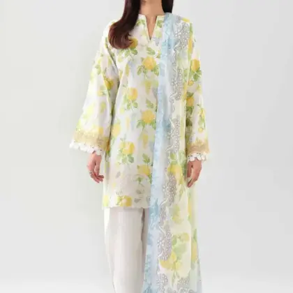 3 Pcs Printed Dobby Lawn Suit for Women with Printed Lawn Dupatta – Off White