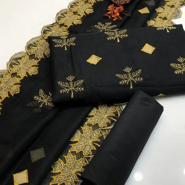 Black Embroidered Organza 3-Piece Kurta Set with Katan Silk Trouser for Women