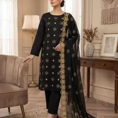 Black Embroidered Organza 3-Piece Kurta Set with Katan Silk Trouser for Women