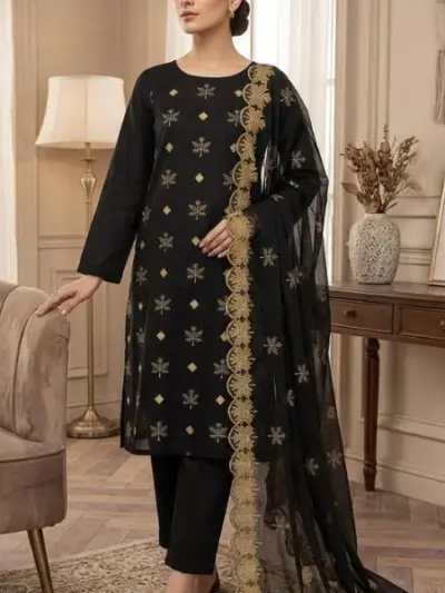 Black Embroidered Organza 3-Piece Kurta Set with Katan Silk Trouser for Women