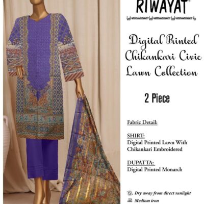 Digital Printed Chikankari Lawn 2 Piece Suit with Monarch Dupatta – Blue Multicolor