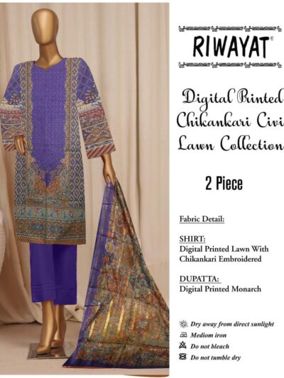 Digital Printed Chikankari Lawn 2 Piece Suit with Monarch Dupatta – Blue Multicolor