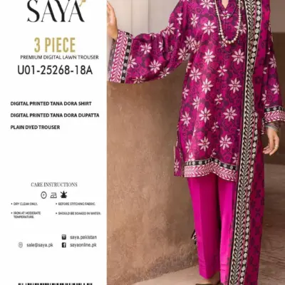 3 Piece Digital Print Lawn Suit Pink Unstitched Women Summer Wear Pakistani Dress