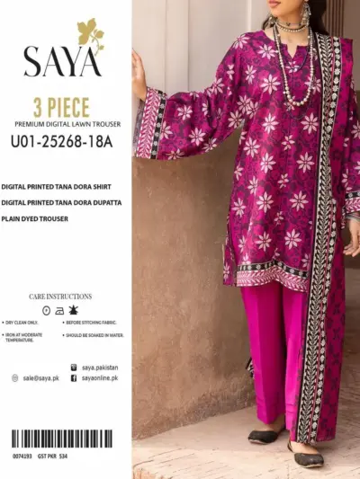 3 Piece Digital Print Lawn Suit Pink Unstitched Women Summer Wear Pakistani Dress